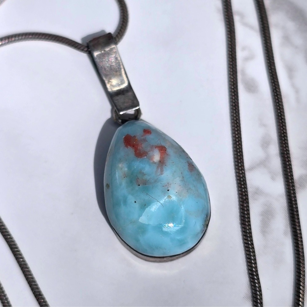 Sterling Silver Larimar Teardrop Pendant Necklace 18 Inch Snake Chain 7.5g